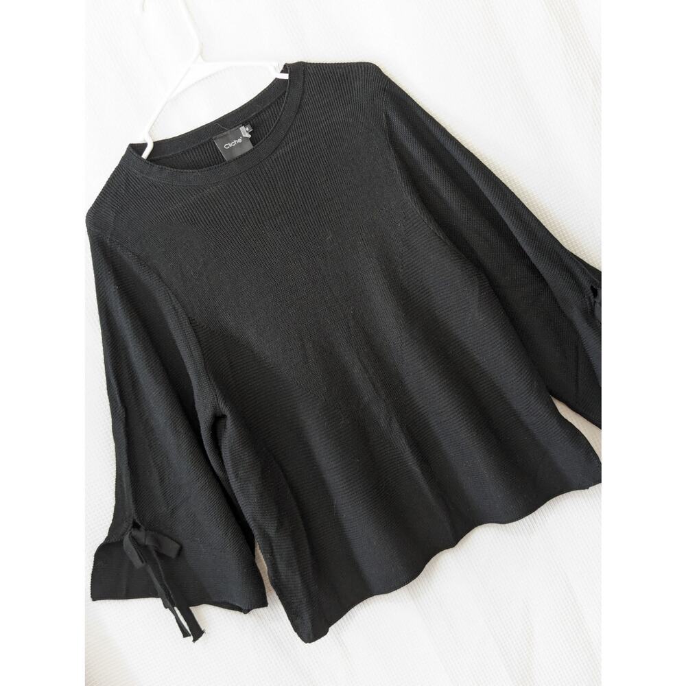 NWOT! CLICHE! FINE WOOL BLEND BLACK KNIT  DRAPEY, TIE SLEEVE SWEATER! SZ M